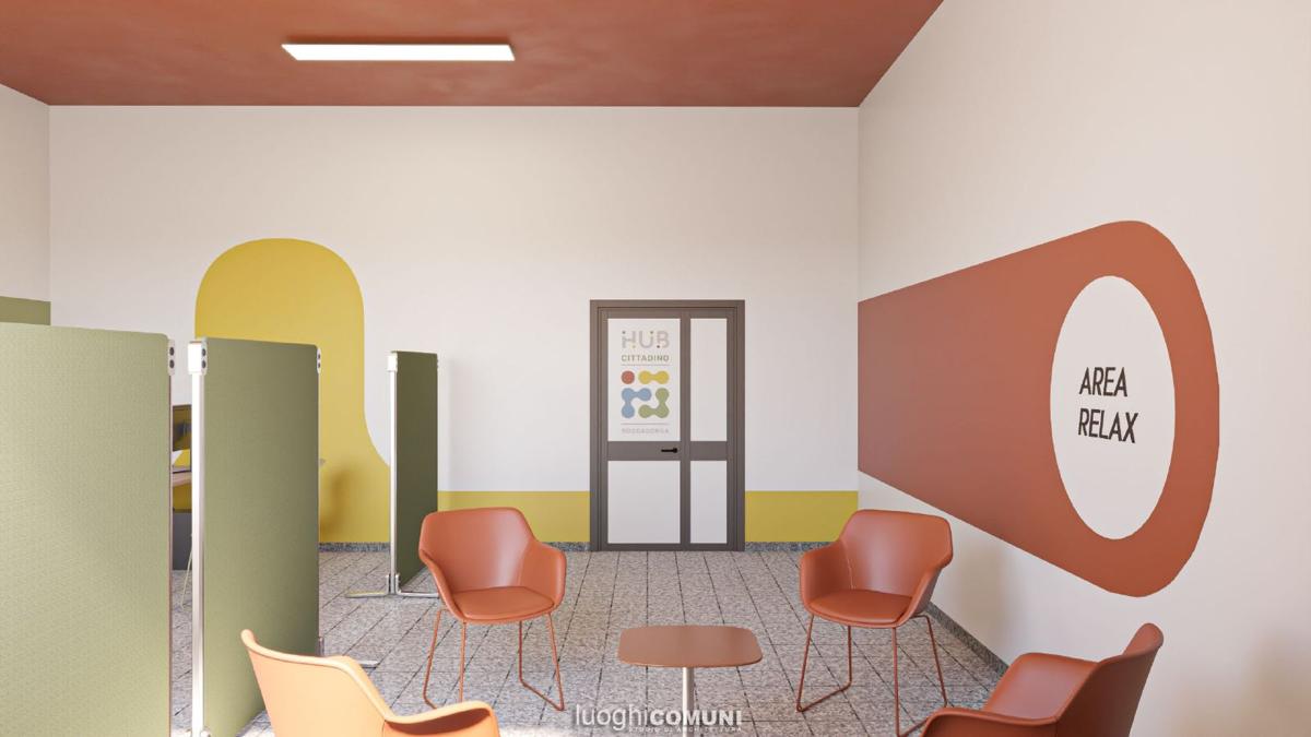 Render dell'area relax con poltroncine arancioni e parete terracotta con la scritta Area relax