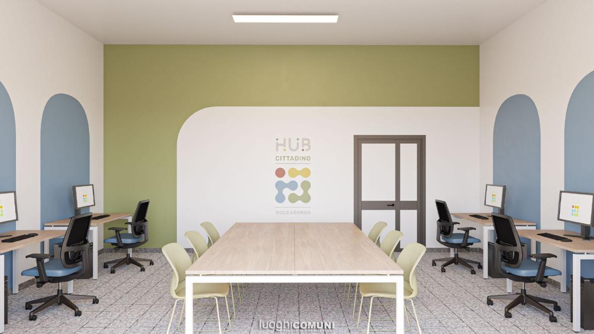 Render della sala coworking: postazioni sotto archi azzurri e un grande tavolo condiviso