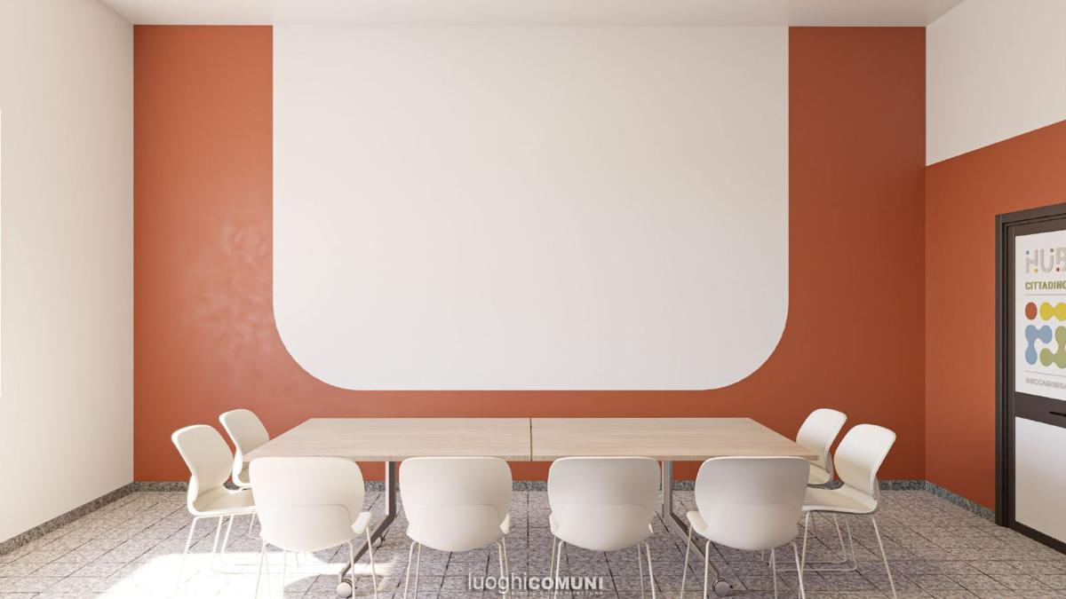 Render della sala riunioni: tavolo lungo con sedute bianche davanti a una parete terracotta