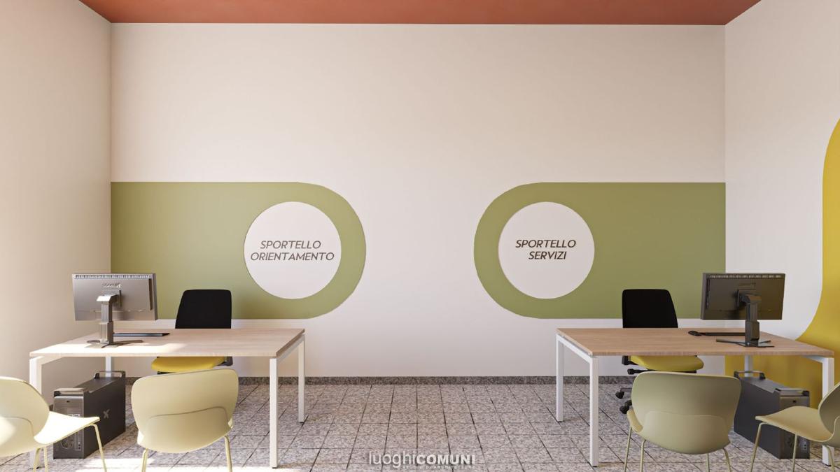 Render della sala sportelli: due postazioni di ascolto con pareti verdi e sedute chiare